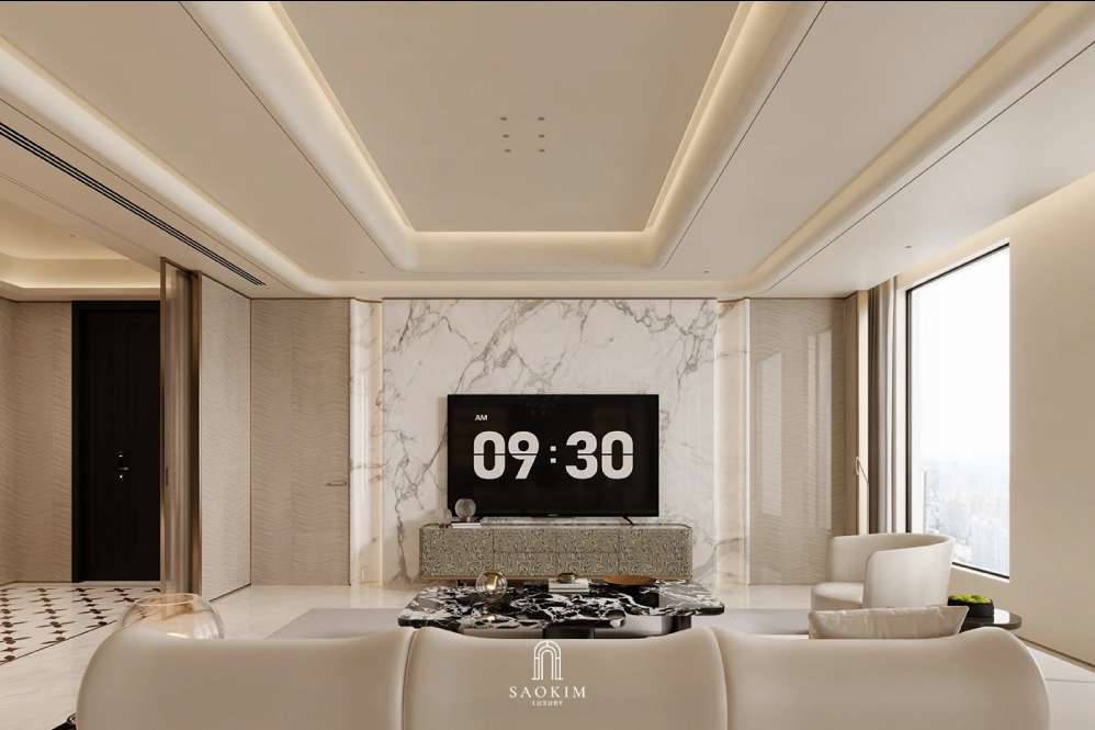 Không gian nội thất phòng khách sang trọng trong thiết kế chung cư cao cấp phong cách Contemporary Luxury dự án Vinhomes Symphony

